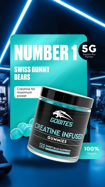 A vertical ad creative featuring a product-centric design with bold text overlays and a high-contrast gym atmosphere, highlighting 5G creatine content.